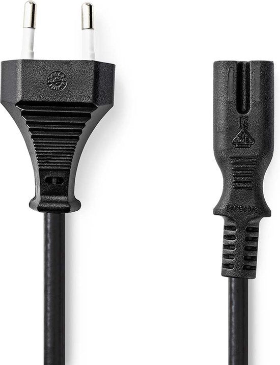 Nedis Stromkabel - Eurostecker - IEC-320-C7 - Gerade - Gerade - Vernickelt - 3,00 m - Flach - PVC - Schwarz - Etikett