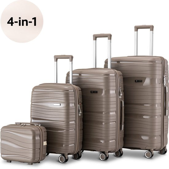 SKYCASES Travelin' Charm 4-teiliges Trolley Set - Handgepäck & Check-in Koffer - 32L/60L/98L - Zahlenschloss - 360° geräuschlose Räder - Leicht & Stabil - Modernes Design - Champagner