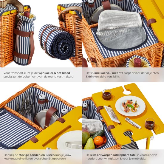 tectake® komplettes Picknickkorb-Set Texel - Luxuriöses 24-teiliges Picknick-Set für 2 Personen - Weiden-Picknickkorb mit Picknick-Teppich - Inklusive Kühlbox, Tellerset, Kunststoff-Weingläsern und Edelstahl-Besteck