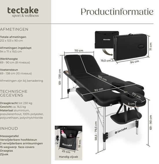 tectake® 3-Zonen-Massagetisch - 70cm breit - Behandlungsliege mit 5cm dicker Polsterung und Aluminiumrahmen - Inklusive 15 Kopfstützentüchern und Tragetasche - Maximale Belastbarkeit 230kg - Schwarz