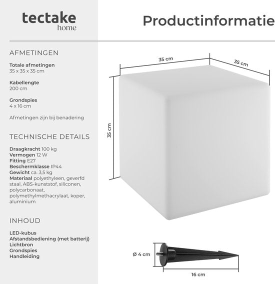 Tectake® Leuchtwürfel - LED - 16 RGB-Farben und 5 Lichtmodi - Wetterfeste und robuste Gartenbeleuchtung - 35x35x35 cm - Inklusive Leuchtmittel und Fernbedienung