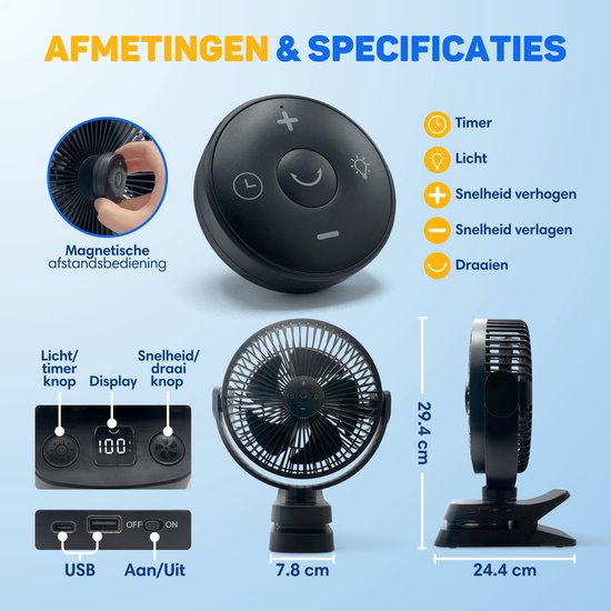 Vulpes Goods® Tech - Tischventilator MAX - Ventilator - Wiederaufladbar & kabellos - Leiser USB-Ventilator mit Fernbedienung - 5 Geschwindigkeiten & Beleuchtung - Ultraleise - 12000 mAh & Powerbank-Funktion - Schwarz