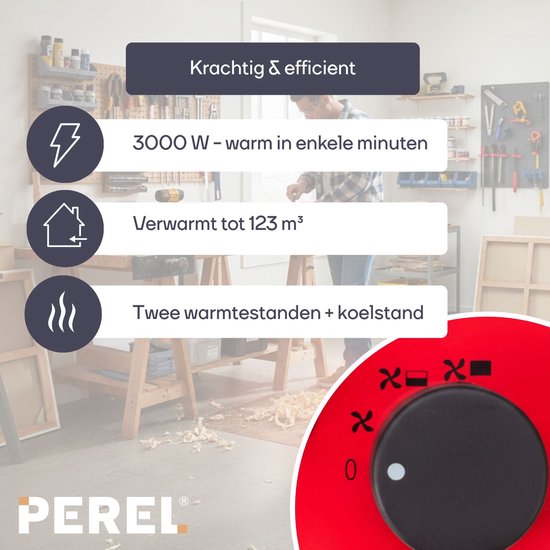 Perel Elektroheizlüfter 3000W, 2 Heizstufen, Thermostat und Kühlmodus, IP24, Überhitzungs- und Kippschutz, kompakte tragbare Heizung für Werkstatt, Garage, Schuppen