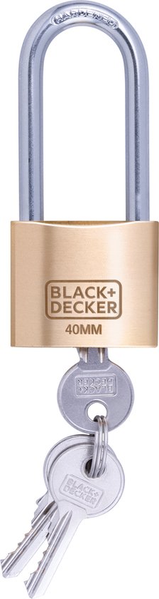 BLACK+DECKER Vorhängeschloss - 40mm - Langer Bügel - Inkl. 3 Schlüssel - Massivmessingschloss