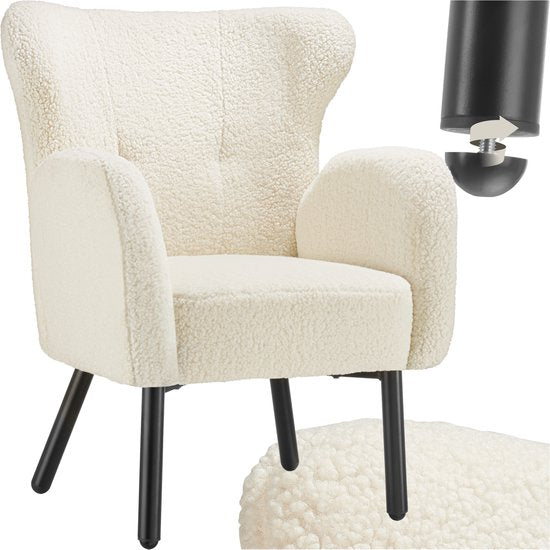 tectake - Sessel Vänersborg - Dick gepolsterter Relaxsessel mit Bouclé-Polsterung - Sessel mit breiten Armlehnen und ergonomischer Rückenlehne - Höhenverstellbare Beine mit Bodenschutz - Beige/Creme