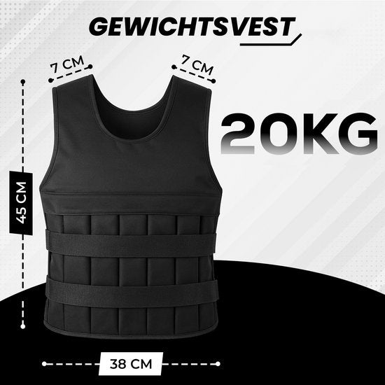 Fitby Adjustable Weight Vest 20KG - Gewichtsweste - Gewichtswesten - Gewichte - Krafttraining & Crossfit - Cardio - Geeignet ab Größe L- Schwarz