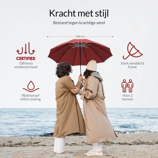 Nohrd Storm Umbrella - Bordeaux Rot - Regenschirm faltbar - Sturmsicher 108 km/h - Sturmschirme - Automatisch auf- und abklappbar - Reflektierend - Regenschirme - Inkl. Schutzhülle