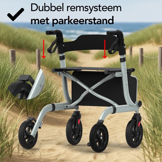 Brixy Rollator - leicht und faltbar - Sitzfunktion - Rückenlehne, Tasche und Gehstockhalterung - Grau