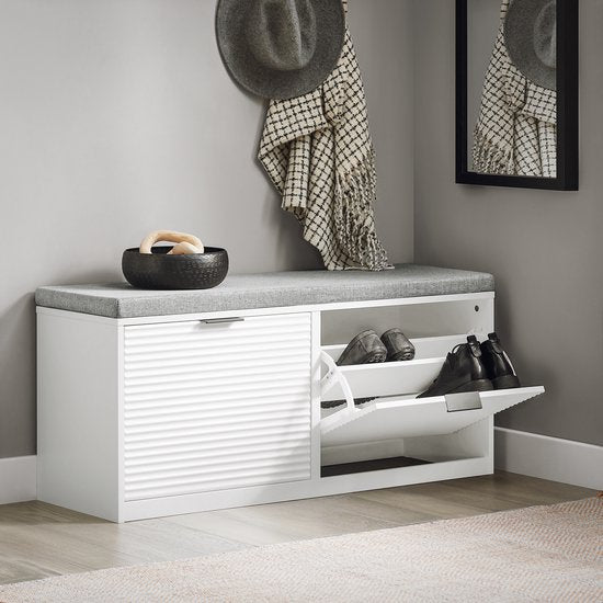 SoBuy FSR147-W Schuhbank - mit 2 Klappen und Polsterung - Weiß