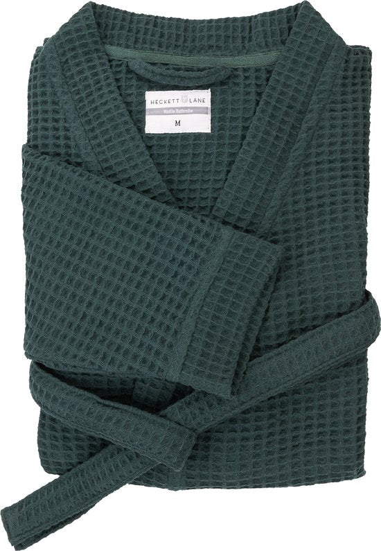 Heckettlane Bademantel Waffel - Morgenmantel für Damen und Herren - XL - Morgenmantel aus Baumwolle - für die Sauna geeignet - Grün