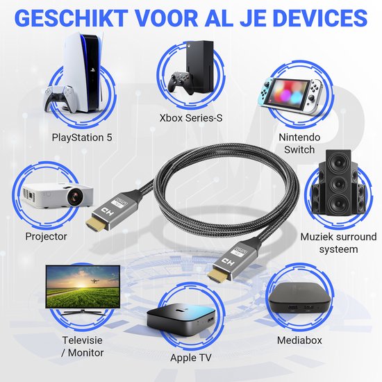 SBVR - HDMI Kabel 2.1 - 8K Ultra HD - 4K 120 Hz - Nylon HDMI Kabel - 1.2 Meter