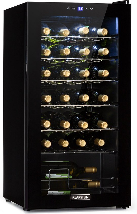 Klarstein Shiraz 28 Uno Weinkühlschrank – 74 Liter – Platz für 28 Flaschen – mit Touch-Bedienung – Temperaturbereich 5–18 °C – Schwarz