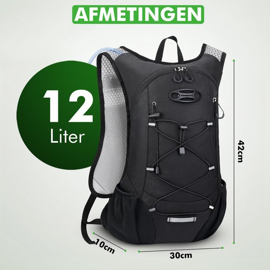 Travelhawk Trinkrucksack - Laufrucksack - Geeignet für 2L Wassersack - Wasserabweisend, leicht, reflektierend - 12L - Schwarz