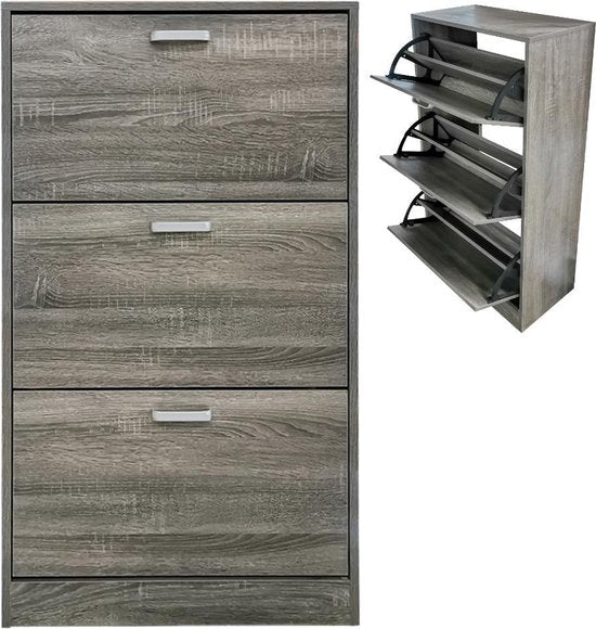 Schuhschrank - Schuhregal - 3 Fächer mit Klapptüren - grau-braun gefärbt
