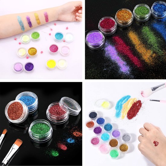 Partizzle Komplettes Bio Glitter Tattoo Set - Mädchen / Jungen - Schminkschablonen, Kleber und Pinsel - Face Fake Neon Tattoos Bastelset - Karneval Geschenk Basteln für Kinder - 24 Farben / Biologisch abbaubar