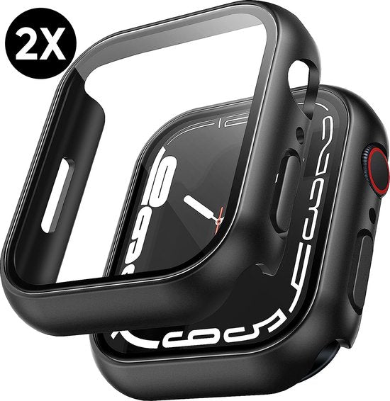 Gehäuse passend für Apple Watch Series 7 / 8 / 9 - 45 mm Displayschutzfolie - 2 Stück - Full Cover Hard Case - Schwarz - Podec