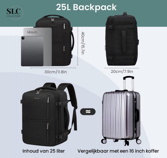 SLC-Collection – Schwarz – Rucksack – 25 Liter - Transavia - Handgepäck - 40 x 30 x 20 cm - 14-Zoll-Laptop - USB-Anschluss - Laptoptasche - Damen - Herren - Reisetasche – Koffer - 10XS