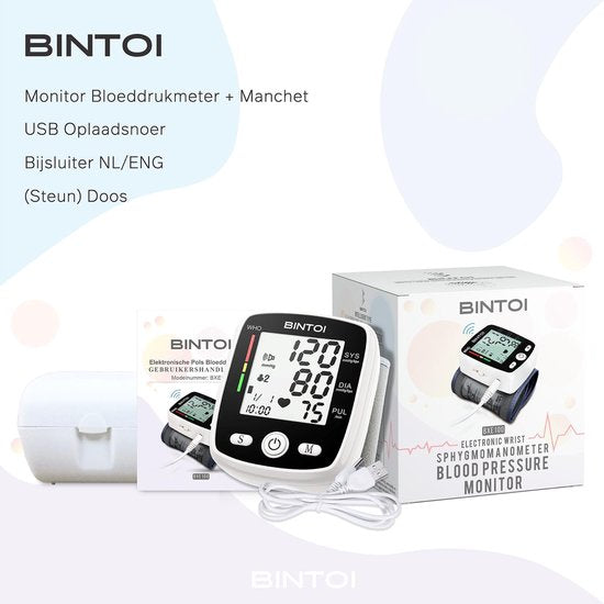 Bintoi® BXE100 Handgelenk-Blutdruckmessgerät - Herzfrequenzmessgerät - USB wiederaufladbar - inkl. Aufbewahrungsbox - 2 Benutzer