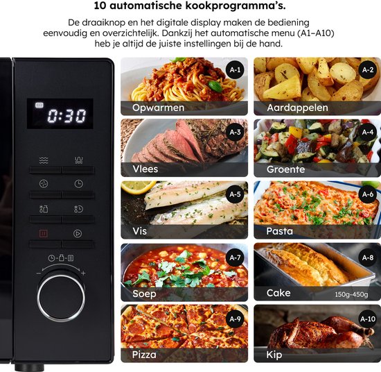 Kombi-Mikrowelle - 25L - Freistehende Kombi-Mikrowelle - Grill- und Heißluftfunktion - 10 Kochprogramme - Digitaler Timer und Kindersicherung - 900W - Schwarz - Saaf