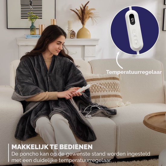 BREND BR-2220 Elektrische Decke und Poncho - Sherpa und Flanell Fleece Plaid - Wärmeumhang - 160 x 130 cm - 9 Temperaturstufen - Anthrazit