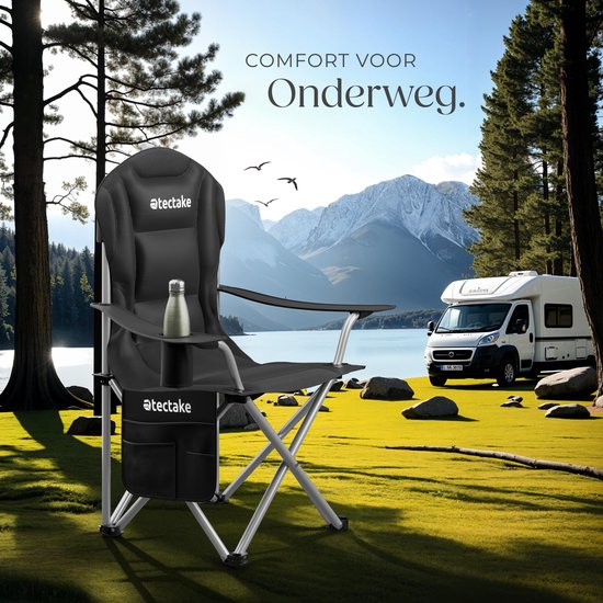 Tectake - gepolsterter Campingstuhl - Inklusive Becherhalter, Staufach und Tragetasche - Glamping-Stuhl - schwarz