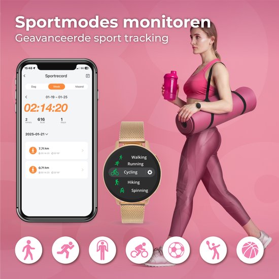 Nuvance Smartwatch Damen - Inkl. Edelstahl & Silikonband - Misst Sport & Schlaf & Körper - Pink Gold