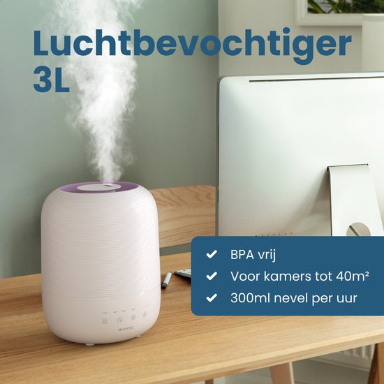 Auronic Luftbefeuchter - 3L - Für Schlafzimmer, Babyzimmer, Büro, Wohnzimmer und mehr  - BPA-frei - Weiß
