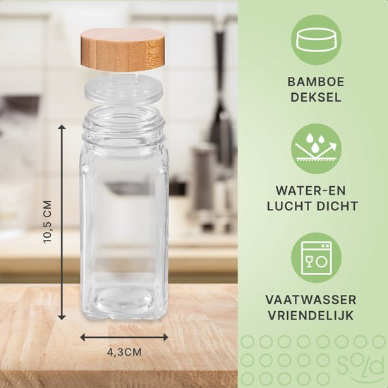 S.old - 36 Glasgewürzdosen quadratisch mit Bambusdeckel - Gewürzstreuer - Komplettset mit Streudeckeln, vorgedruckten Aufklebern und Trichter - Fassungsvermögen 120 ml - 10,5 x 4,3 cm