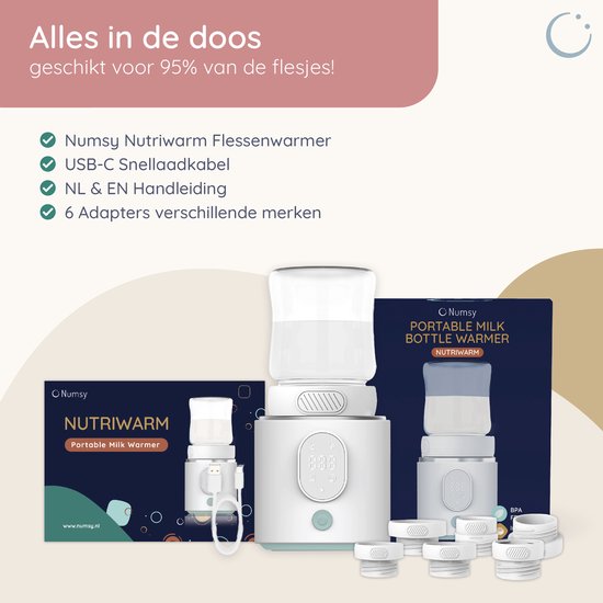 Numsy Tragbarer Flaschenwärmer für unterwegs - kabellos - inkl. 6 Adapter - 4 Temperaturstufen