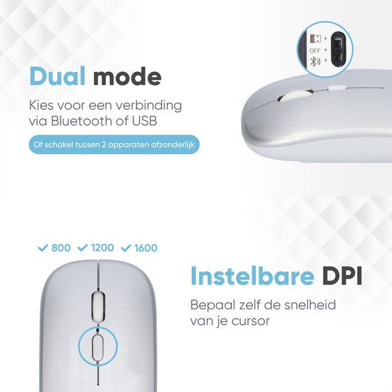 Trendfield Wireless Mouse - Wiederaufladbar - Bluetooth - Ergonomisch - Mit Silent Click - Für alle Laptops - Silber