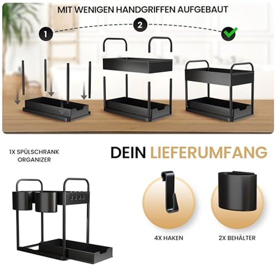 HELDENWERK - Spültischorganisation & Küchenorganisation - 2 Stück - Schwarzer ABS-Kunststoff - Ausziehbar mit 2 Ebenen - Für Küche & Bad - Inklusive Haken & Tabletts - Maximaler Stauraum