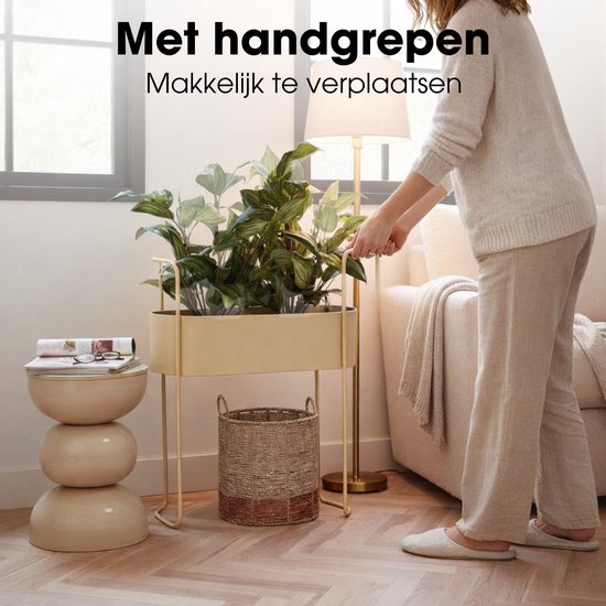 Mica Decorations Moritz Blumentopf auf Ständer – Pflanztopf L 55 x B 24 x H 65 cm – Pflanzenständer aus Eisen – Blumentopf für drinnen oder draußen – Beige