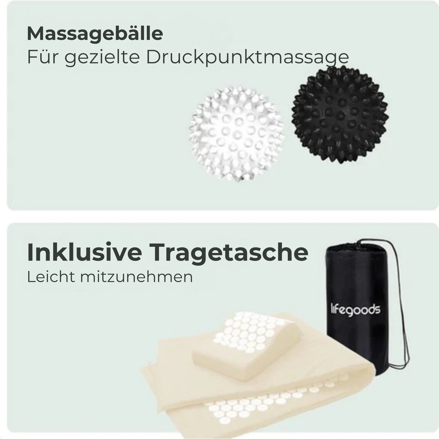 LifeGoods Akupressurmatte XL - Mit Kissen - Shakti-Matte - Nagelmatte inkl. 2x Triggerpunktball - 128x48x2cm - Beige/Weiß