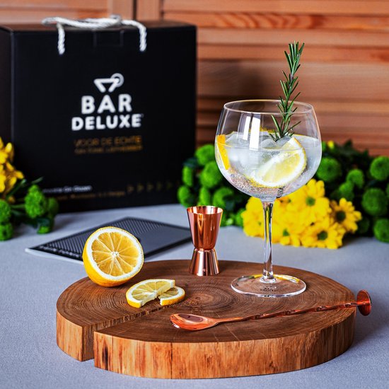 BarDeluxe® Gin Tonic Gläser - 500ml - Gin Tonic Geschenkset - mundgeblasen - Gin Gläser - 2 Stück - Gin Set - Kristall - Geschenk für die Frau - Geschenk für den Mann - enthält 2 Gin Gläser, Gin Tonic Löffel, Messbecher, 2 Strohhalme aus Edelstahl & Rezep