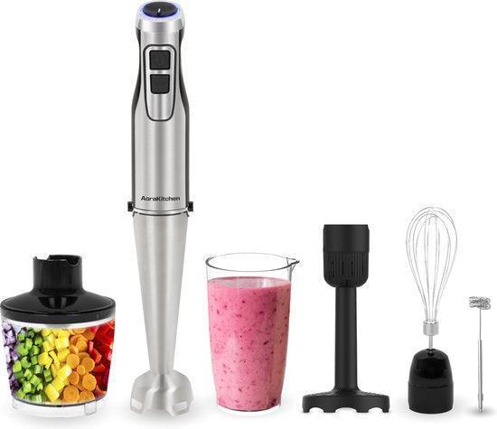 AoraKitchen Stabmixer-Set - 6 Teile - 1000W - Turbo - Milchaufschäumer - Zerkleinerer - Messbecher - Schneebesen