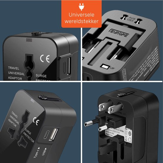 Universal World Plug 150+ Länder - International - Konvertierung - Reisestecker - Adapter - Für Amerika, Südamerika, England (UK), Asien, Europa, Afrika, Italien, Thailand, Curacao - 2x USB-C und 2x USB-A - Typ G, Leichtgewicht - Skoov