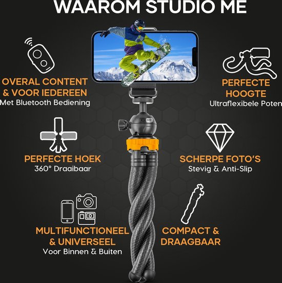 Studio ME Telefonstativ - 25 cm - Stativ Smartphone - Flexibel - Kamerastativ - Gorillapod - Inkl. Bluetooth-Fernbedienung - Schwarz
