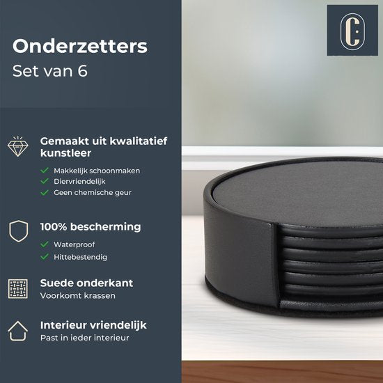 Castagnola Kunstleder-Untersetzer - Untersetzer für Gläser - Design-Untersetzer mit Halterung - Leder-Untersetzer-Set - Leder - 6er-Set - Schwarz