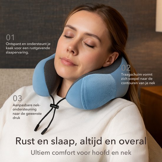 SKYCASES Travel Essentials - Nackenkissen-Set 3-teilig - Ergonomisches Memory Foam Reisekissen mit Augenmaske und Ohrstöpsel - Ideal für Flugzeug, Auto und Zug - Kompakt und luxuriös - Königsblau