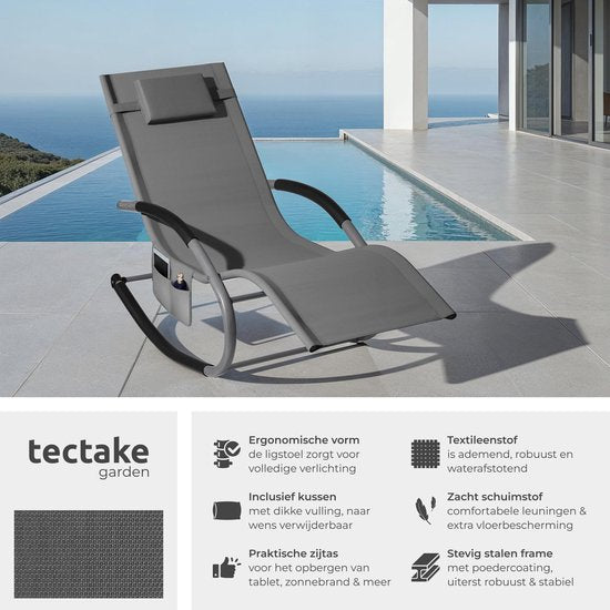 tectake® Liege Taya - Ergonomische Liege für Garten, Terrasse, Balkon - Relaxsessel mit Wippfunktion - Gartenstuhl mit bequemen Armlehnen, Kopfstütze und Ablagefach - wetterfest und wasserabweisend - 120kg Tragkraft - Grau