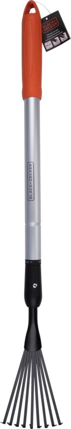 BLACK+DECKER Harke - Teleskop-Gartenharke - Ausziehbarer Stiel von 78 bis 111 CM - Laubharke - Gartengeräte Aluminiumstiel und Kohlenstoffstahlkopf - Rostfrei - Silber/Schwarz