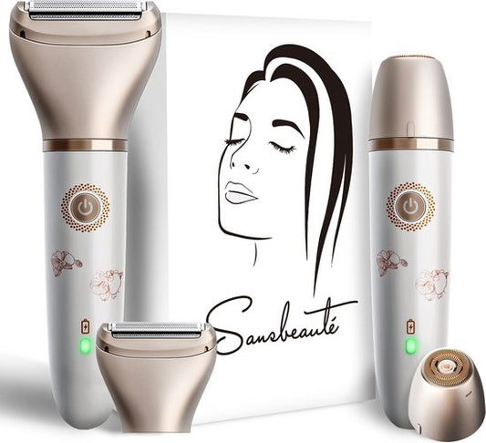 2-in-1 Ladyshave + 2 Extra-Scherköpfe - Gesicht - Achseln - Beine - Bikinizone - Rasierer Frau - Elektrischer Epilierer - Haarentferner Damen - Trimmer Frau - Intimzone Schamhaare - Ladyshaves Bikini