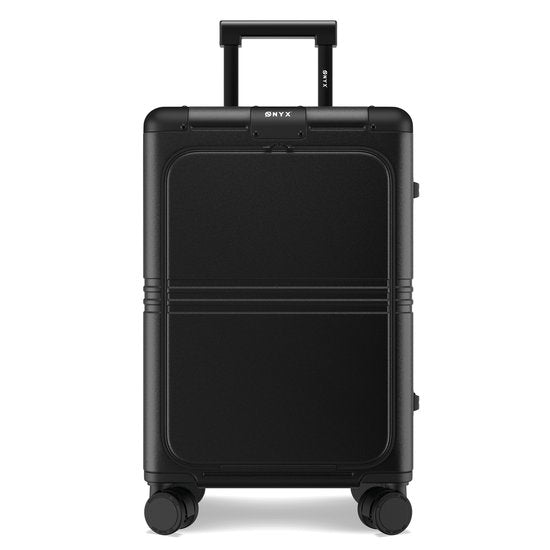 ONYX Hybrid Pro Handgepäck Koffer mit Fronttasche 38 Liter - Recyceltes Polycarbonat und reißverschlussloses Design - Reisekoffer mit TSA-Schloss und Spinner-Rädern - Leichter Trolley mit Laptop-Fach - Onyx Schwarz