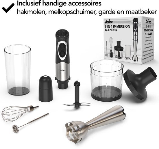 Aviro 6-in-1 Stabmixer-Set - 1000W - 20 Geschwindigkeiten - Zerkleinerer, Milchaufschäumer, Schneebesen & Messbecher - Edelstahl