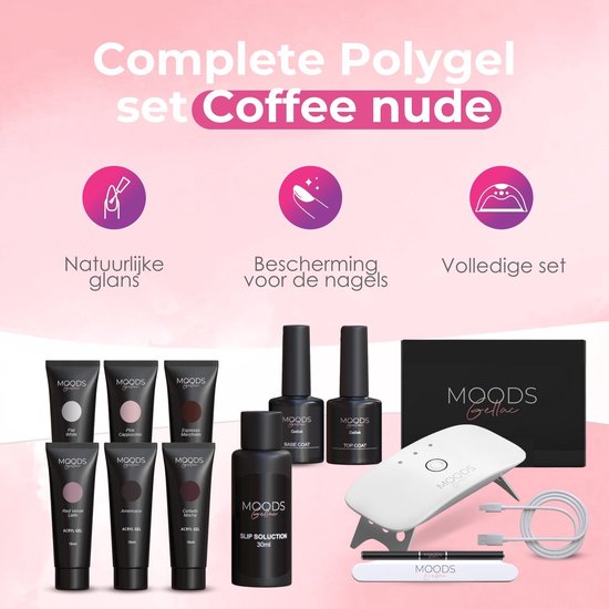 Moods Gellac Luxus Set - Polygel Nägel Starter Pack - Inklusive UV LED Lampe - 6 Farben - Coffee Nude