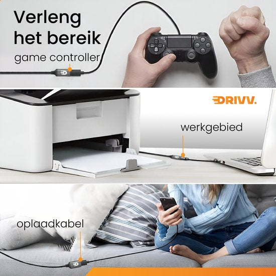 Drivv. Premium USB-Verlängerungskabel 3.0 - Stecker zu Buchse - USB-Datenkabel - schnelle Übertragung - 5Gbps - Nylon - 1 Meter - Schwarz