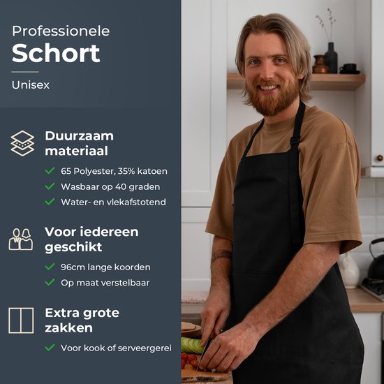 Küchenschürze - Wasser- und schmutzabweisend - Professionelle Kochschürze - Schürze für Frauen und Männer - Catering-Schürze - Unisex - Verstellbare Schnalle - Extra große Fächer - Schwarz