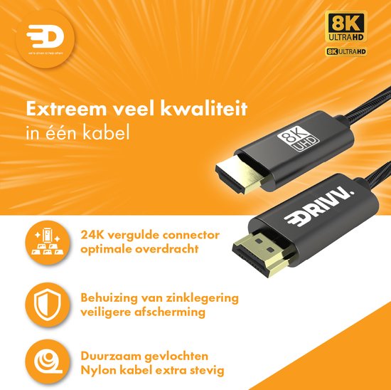Drivv. HDMI-Kabel 2.1 8K - Ultra HD High Speed - HDMI zu HDMI - Geeignet für Xbox Serie X & PS5 - 1 Meter - Nylon - Grau