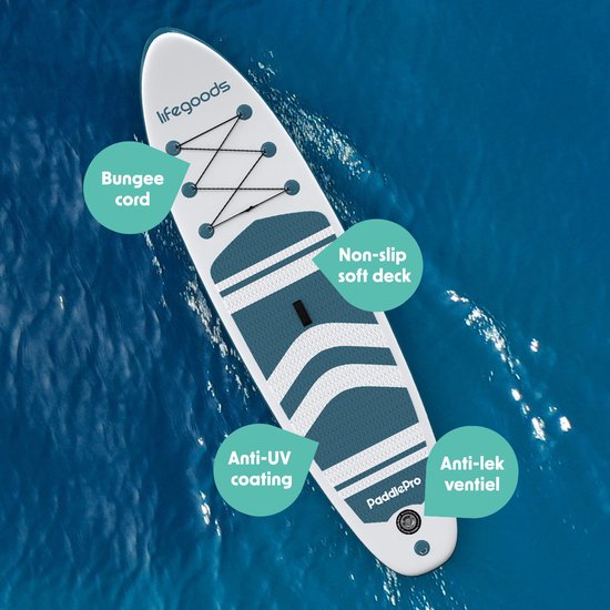 LifeGoods PaddlePro SUP Board - Aufblasbares Paddle Board - Komplettset - Max. 135KG - 320x81cm - Weiß/Tief Aqua