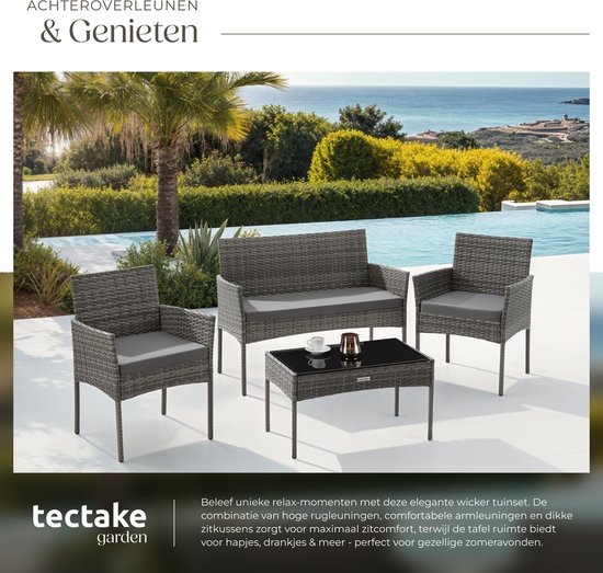 tectake® - Geflecht-Gartenset Palese - Sitzgruppe für 4 Personen - Gartenmöbelset mit Loungebank, Gartentisch und 2 Gartenstühlen inklusive Sitzkissen - Gartenmöbel - Wasserfest - Grau